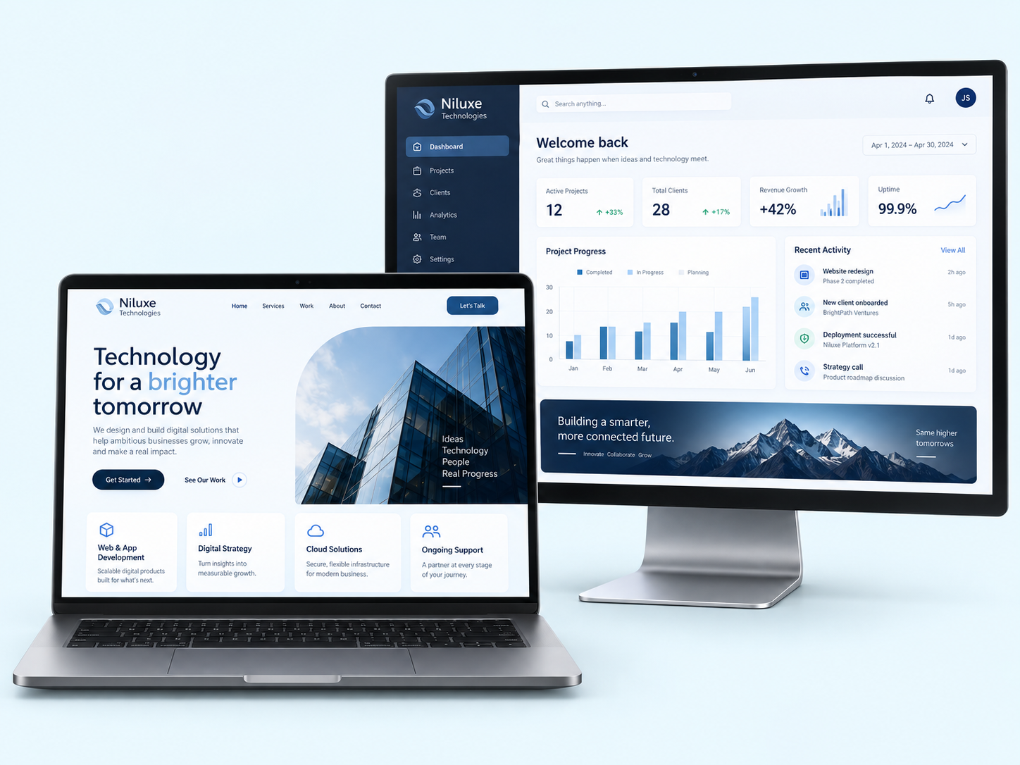 Concept laptop and desktop monitor showing a corporate website