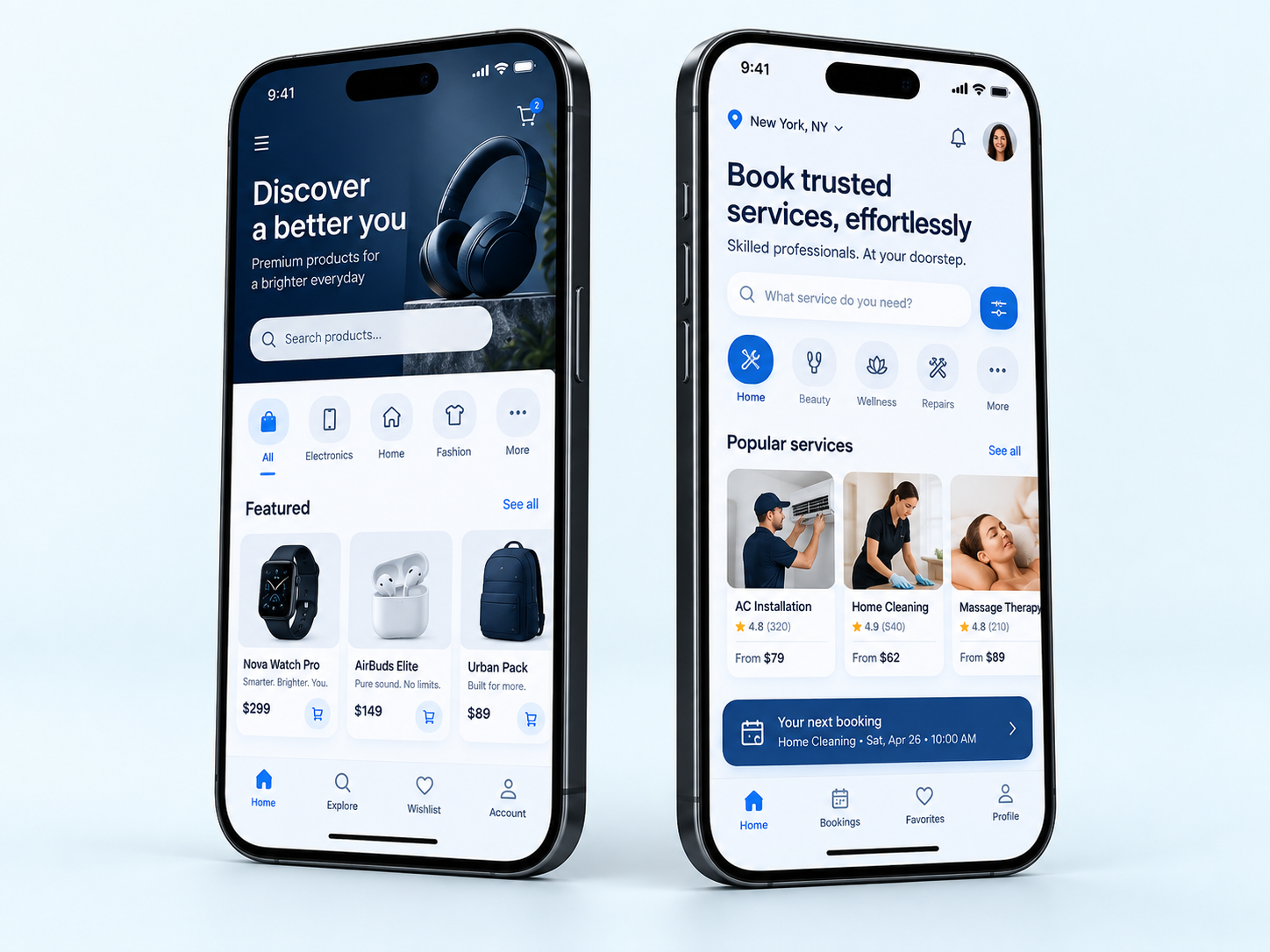 Two phones showing concept shopping and booking apps