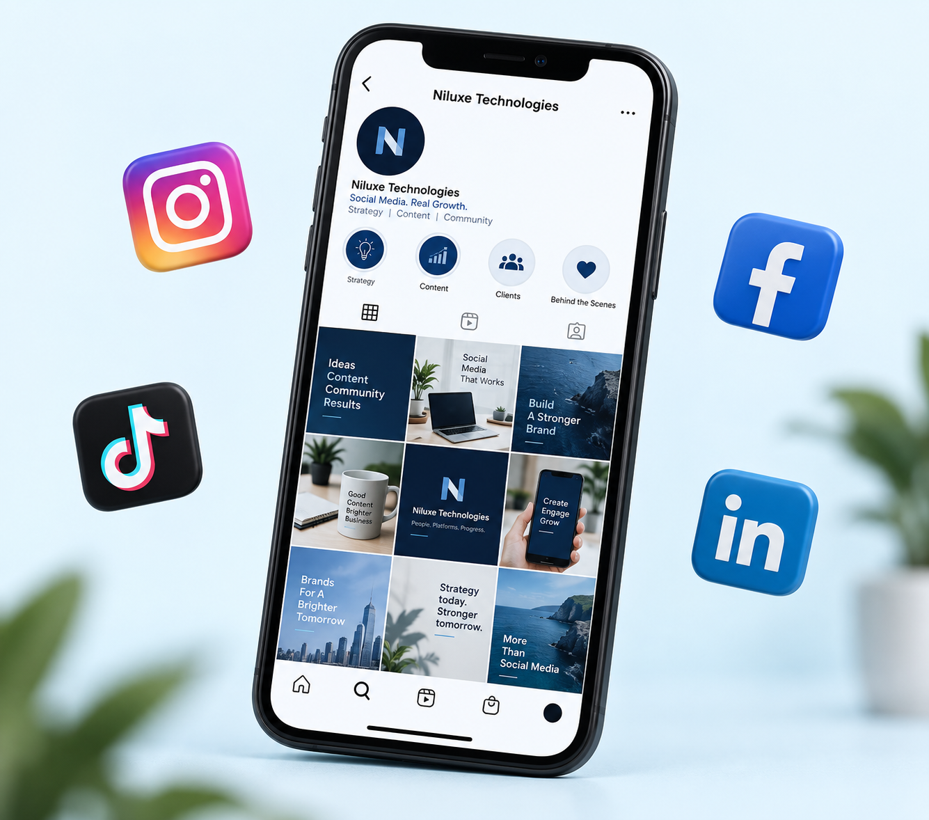 Concept phone with a Niluxe social media profile and platform icons